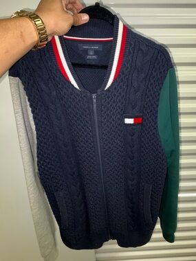 Tommy Hilfiger Navy Zip-Up Sweater with Red & White Stripes